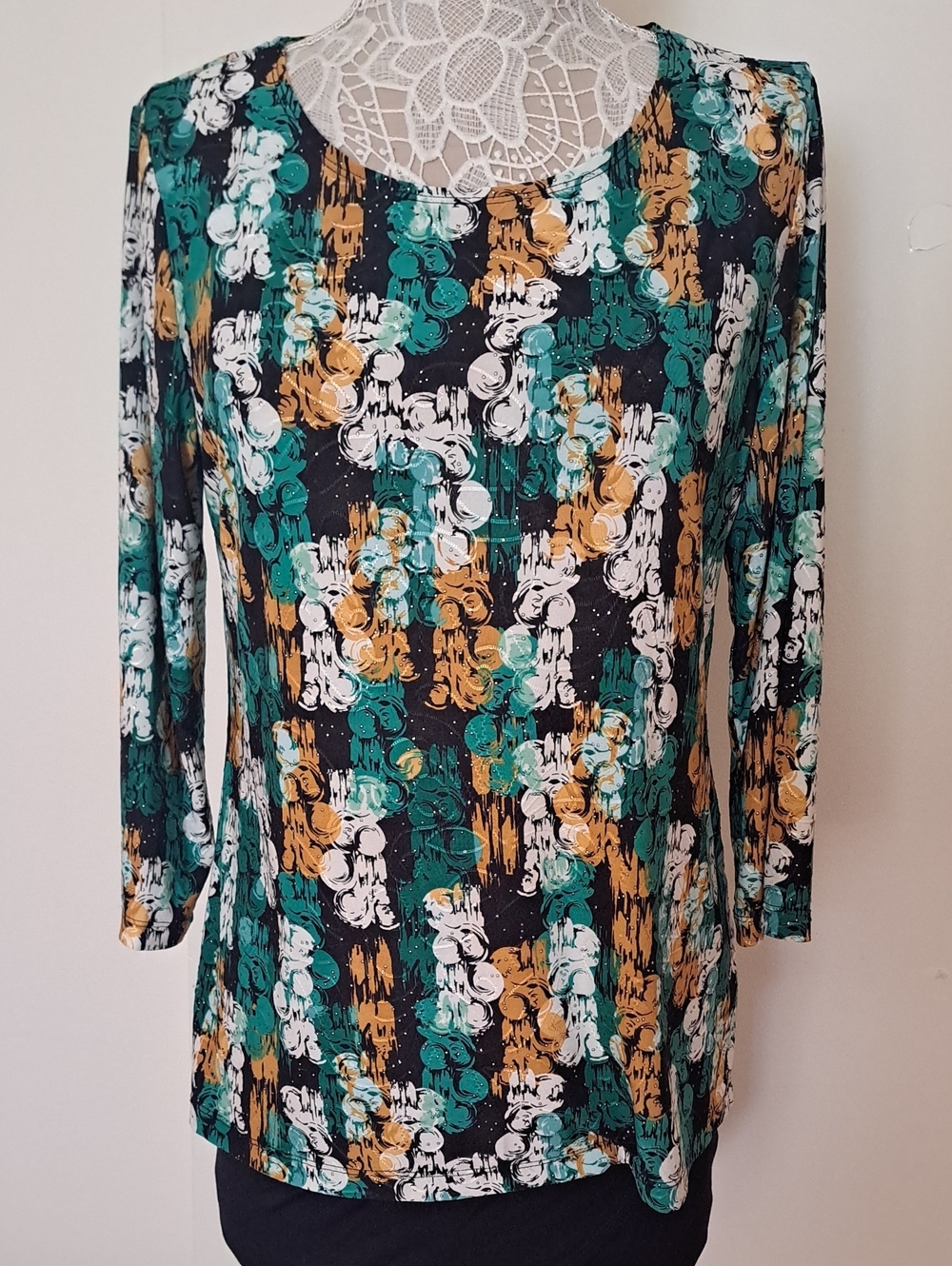 JM Collection Black Long Sleeve Top with Green, Mustard & White Abstract Print